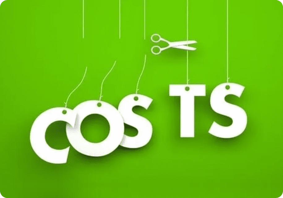 Scissors cutting the word "COSTS" on green background.