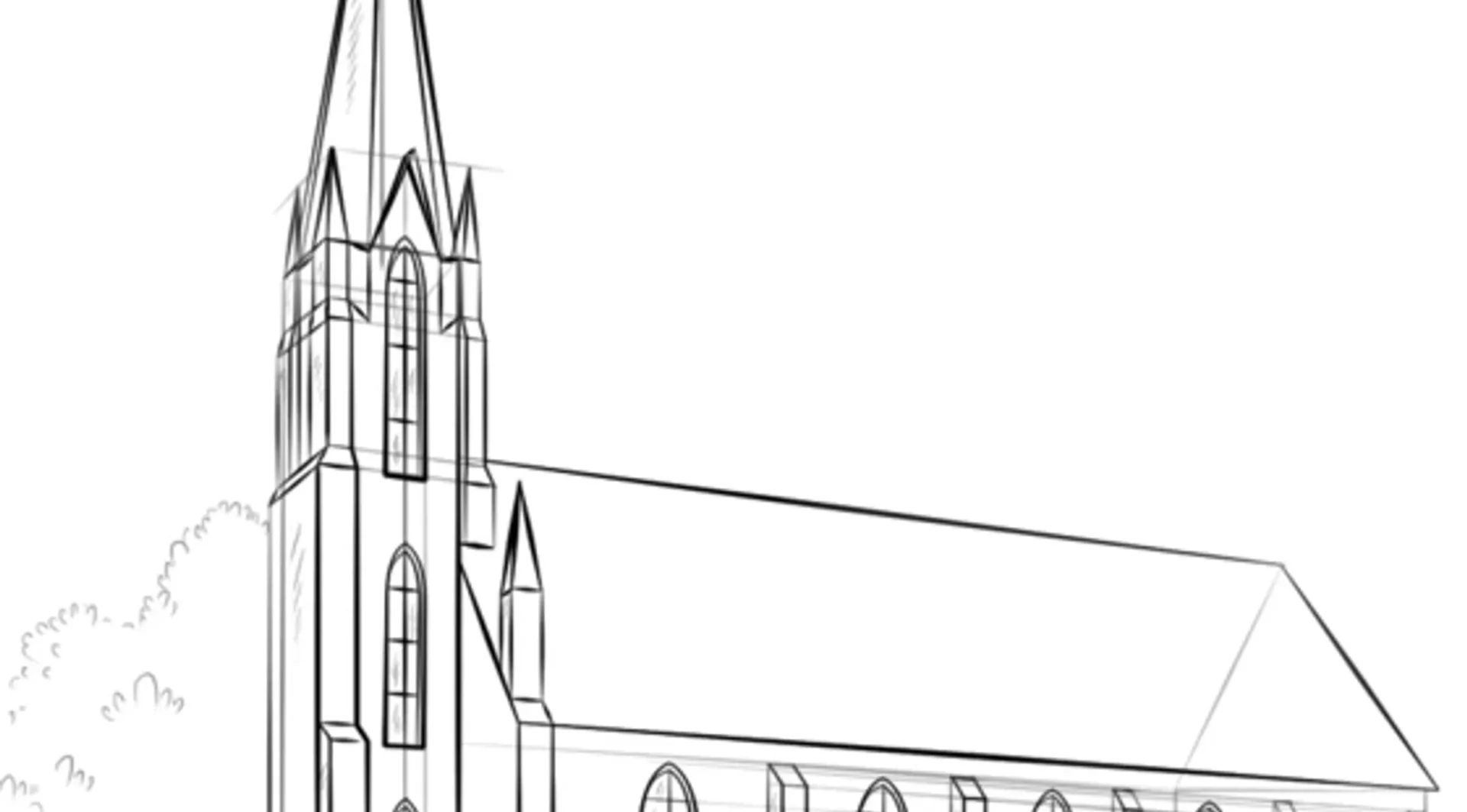Line drawing of a Gothic-style church with pointed arches and tall spires.