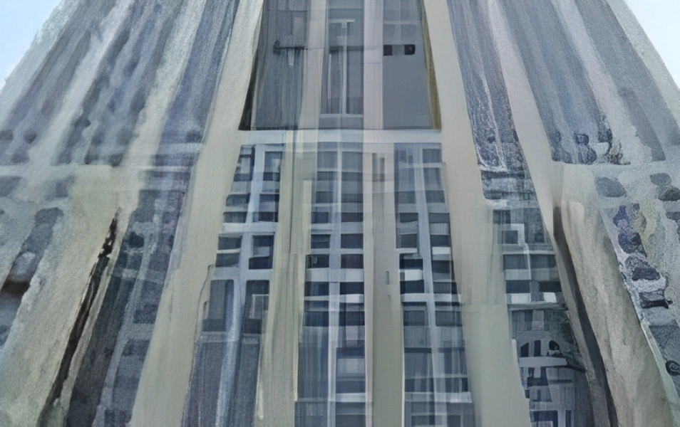 Tall building facade with vertical window blinds.