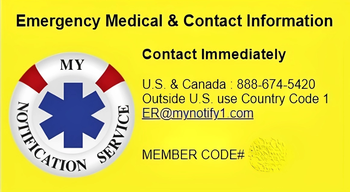 Emergency medical and contact information with a contact number for U.S. and Canada.