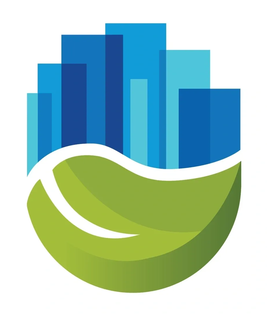 Logo with green leaf and blue buildings symbolizing eco-friendly urban development.